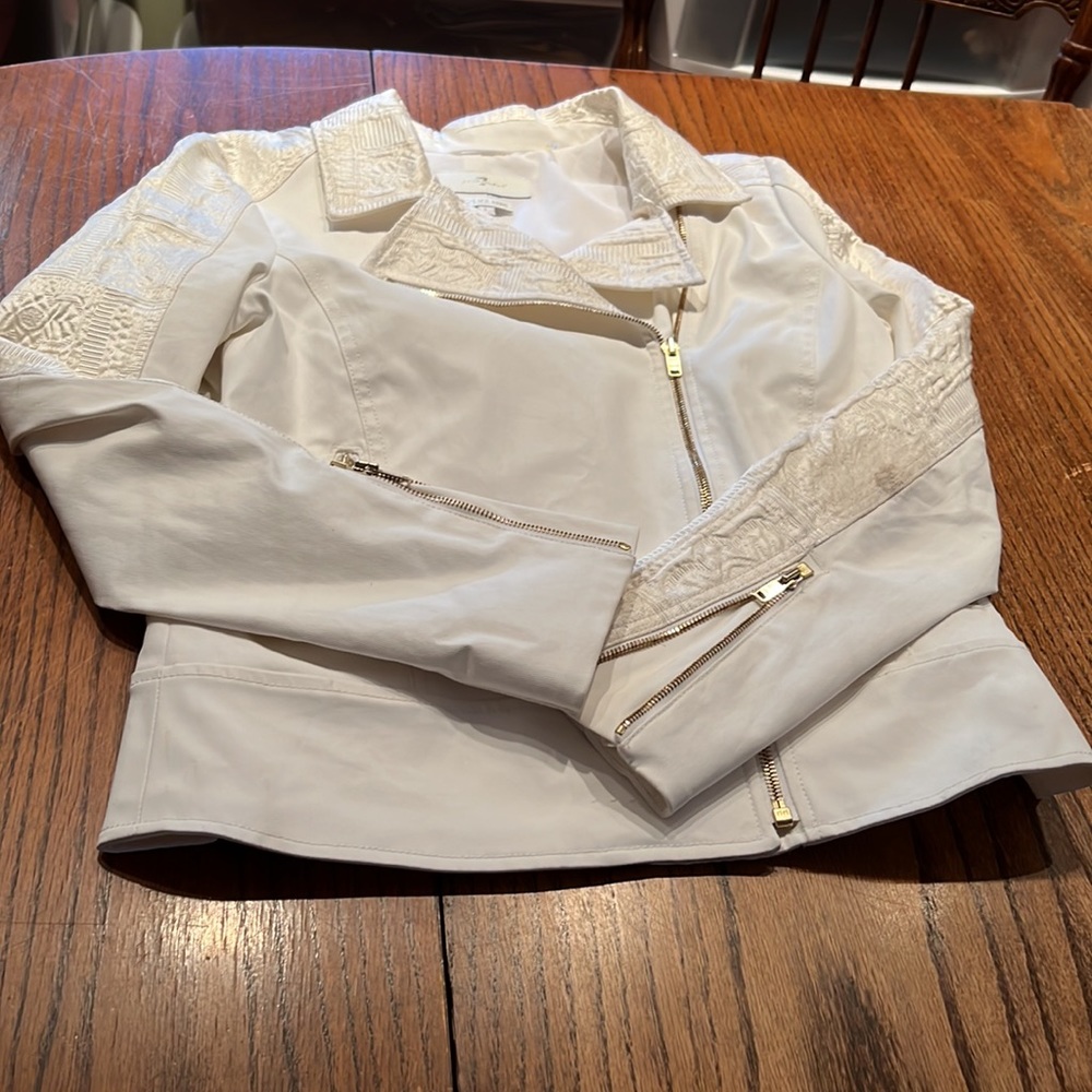 Seven For All Mankind White Cotton Jacket With Brocade Trim Double Breasted L - Picture 5 of 9